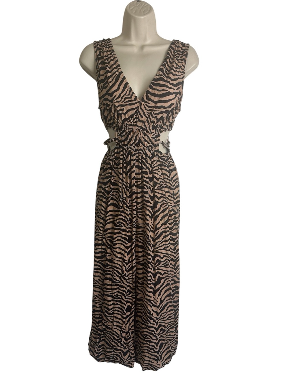 V-Neck Zebra Print Maxi Dress in Beige and Black